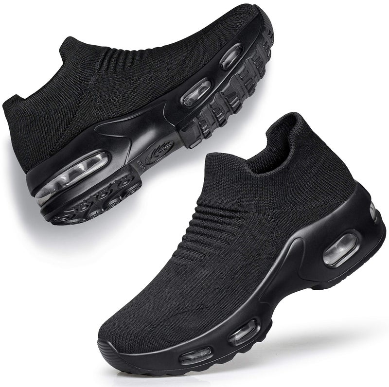 DOUSSPRT Womens Walking Sneakers Slip on Sock Shoes Mesh Air Cushion Platform Loafers Workout Tennis Casual 002 allblack US Size 5.5 - Image 5